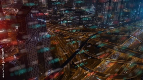 image of data processing over cityscape. global business, digital interface, connections and digital interface concept digitally generated image.