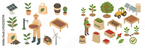 Sustainable coffee farming practices with renewable energy and organic methods showcased in a vibrant illustration