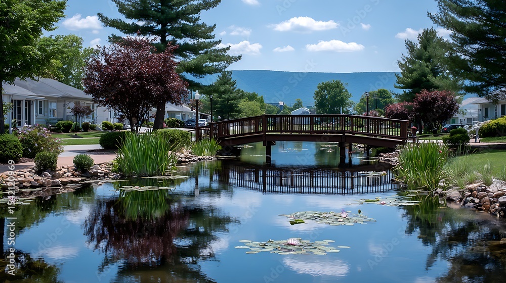 Peaceful residential area with a pond and bridge Peaceful residential area with a pond and bridge
