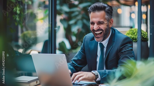 A man laughs while working on a laptop outdoors.