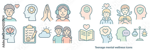 Icons representing teenage mental wellness, including activities and emotions for improved mental health and support