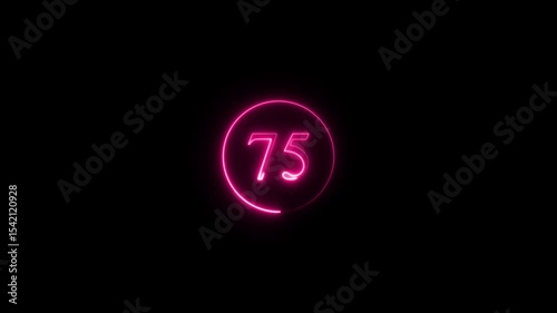 Abstract glowing neon text 75 number countdown icon. Glowing sign on black background Neon number. Glowing blue neon countdown timer number animation 4k. neon countdown timer color 4k