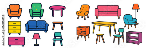 Colorful furniture illustrations featuring sofas, chairs, tables, and lamps arranged in a playful design