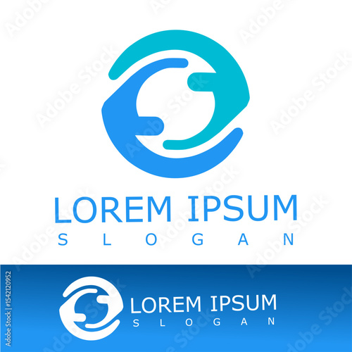Abstract blue logo showing two hands forming a circular shape, symbolizing unity, care, and connection. Suitable for community, health, or charity organizations with modern branding