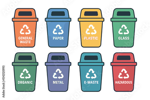 Colorful recycling bins for different waste types in a modern urban setting