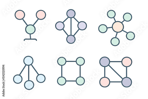 Various network diagrams showing relationships and connections among elements in a clear and minimalistic style
