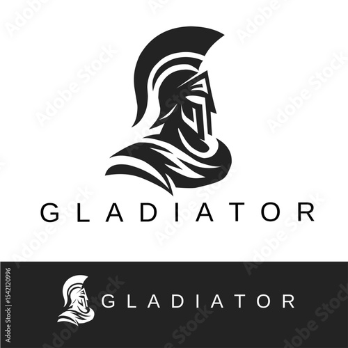 Bold black gladiator helmet logo in profile view, symbolizing strength, bravery, and power. Ideal for sports teams, security brands, or warrior-themed businesses