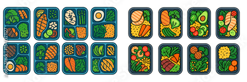 Healthy meal prep with colorful dishes arranged in trays showcasing various vegetables, proteins, and grains
