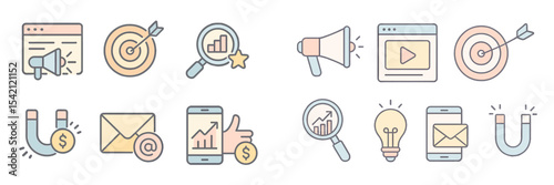 Marketing strategy icons for digital advertising, showcasing various elements like analytics and communication tools