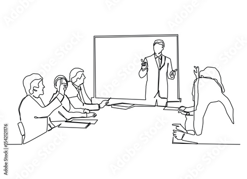 Continuous one  line art of happy trainer teaching life skill and interpersonal skill lessons to the young CEOs. Business training and meeting concept.