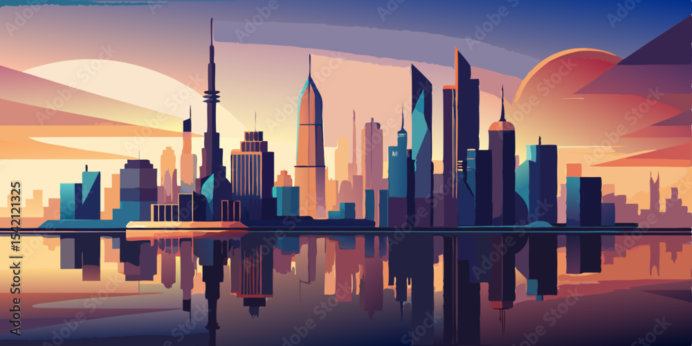 Fototapeta premium Sunset Reflection Cityscape – Vector Urban Scene