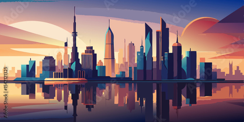 Sunset Reflection Cityscape – Vector Urban Scene