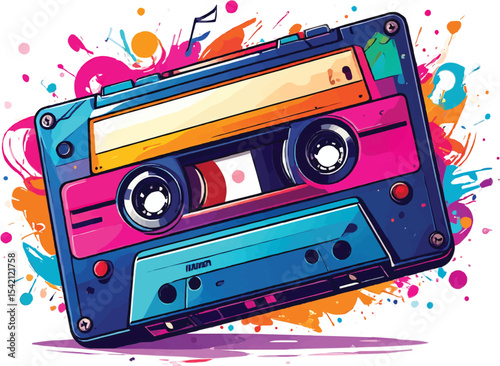 Colorful cassette tape illustration with vibrant paint splatters design art on transparent background