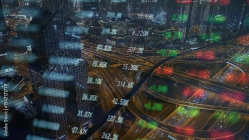 image of data processing over cityscape. global business, digital interface, connections and digital interface concept digitally generated image.