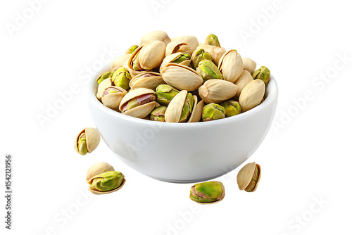 Shelled pistachio nuts in white bowl isolated on transparent background.