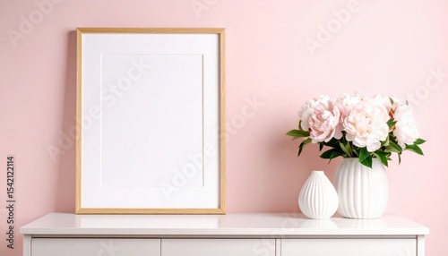 Elegant floral arrangement with blank frame on modern white console minimalistic interior design soft pink background contemporary home decor