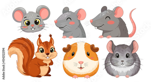 Cartoon illustration of a group of rodents including mice squirrel and guinea pig