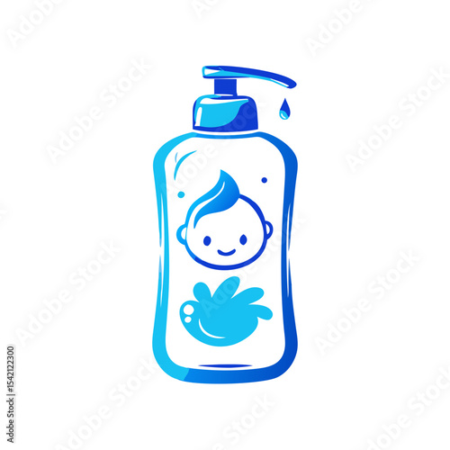 Baby shampoo bottle with cartoon face design in blue color  