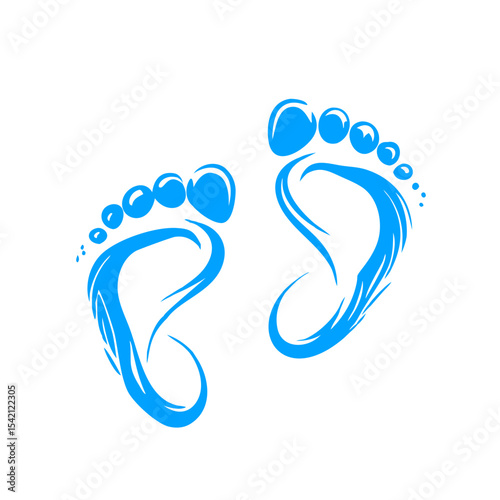 Blue ink footprints with swirls on a white background  