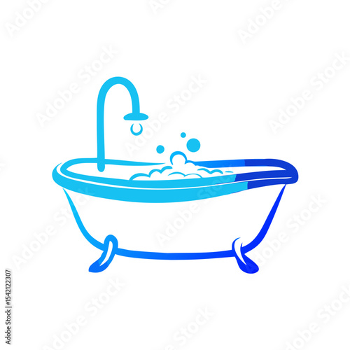 Bathtub with running water and bubbles in gradient blue design  