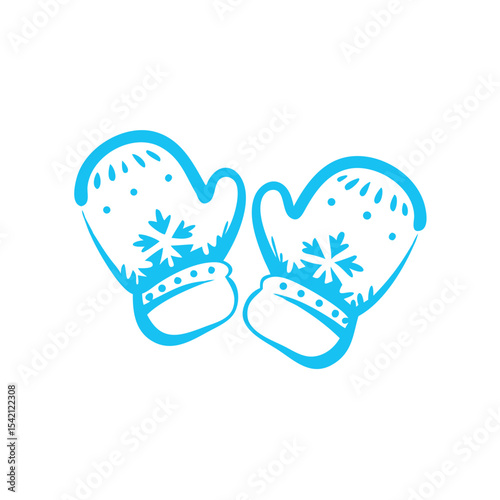 Blue winter mittens with snowflake design on white background  