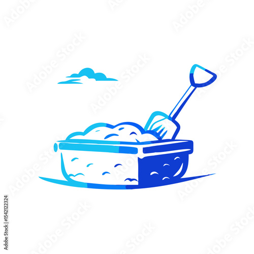 Sandbox with shovel and clouds in bright blue color scheme  