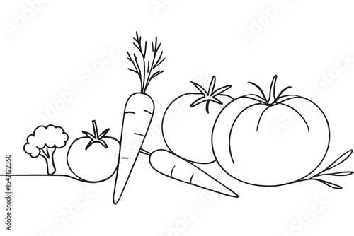 line art drawing of healthy vegetables, including tomatoes, carrots, and broccoli, minimalist food design