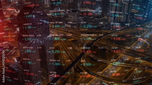 image of data processing over cityscape. global business, digital interface, connections and digital interface concept digitally generated image.
