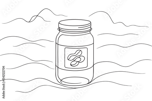 Peanut jar with simple line art design, minimalistic drawing of peanut jar on white background, monochrome illustration