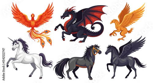 Illustration featuring mythical creatures including a dragon phoenix and horses