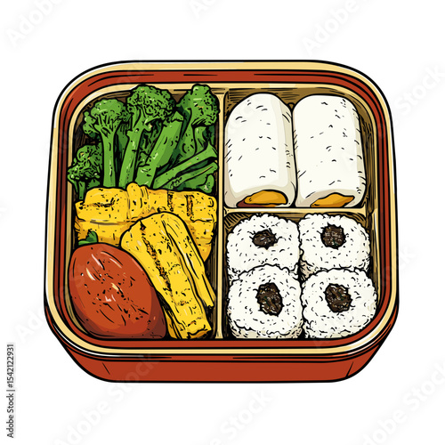 Vector Illustration Of A Red Bento Box Filled With Various Japanese Food Items Including Broccoli Rice and Egg Against A Yellow Background