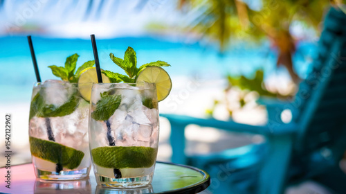 Refreshing mojitos on a lounge table at the beach, with palm leaves and ocean in the blurred background