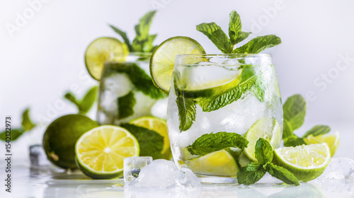 Refreshing mojitos with green mint, lime slices, and ice served in clear glasses.