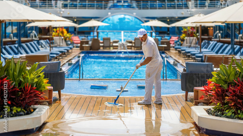 A worker is mopping the wet deck near the swimming pool on a cruise ship, surrounded by loungers, umbrellas, and tropical plants.