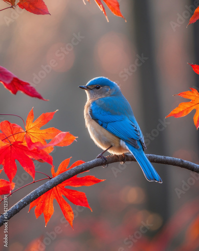 Bluebird on Autumn Branch with Red Leaves