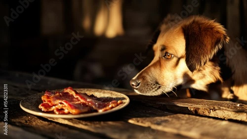 Loyal Dog Waiting for Food on Rustic Wooden Table Surrounded by Natural Light transparent background png