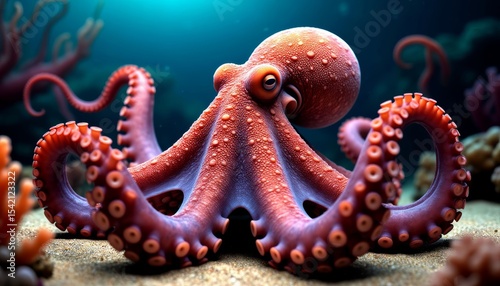 An intricately detailed octopus poses on the ocean floor, its vibrant red skin and textured suckers gleaming in the soft light. The scene captures the essence of underwater life in 3D, 4K.