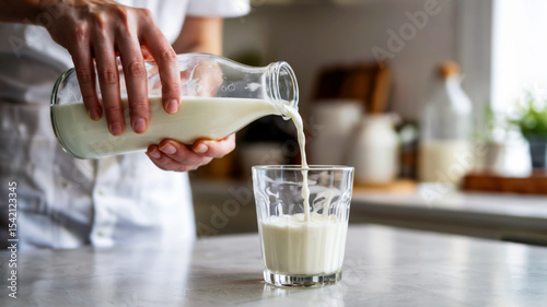 Fresh milk poured into glass at kitchen interior