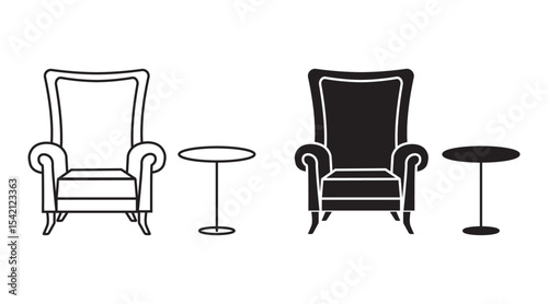 lounge sofa icon airpot sofa and small table outline black vector design.