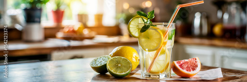 Tall glass with cold sparkling lemonade  with slices of fresh lemon and sprigs of mint on table at kitchen interior, long banner