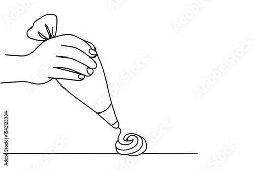 Hand squeezing piping bag with icing, line art illustration of baker piping swirl decoration