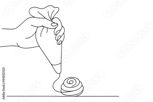 Line art illustration of a hand squeezing piping bag with frosting, creating a swirl design on the surface