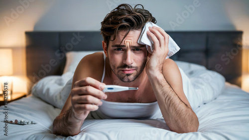 Handsome person holding thermometer in bed, concept of illness, concern