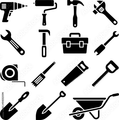 Black and White Tool Icons Set Including Drill Hammer Wrench Paint Roller Shovel Wheelbarrow Saw Measuring Tape