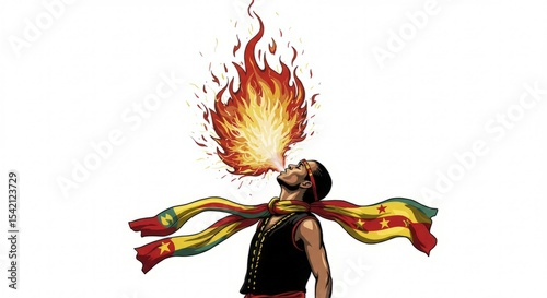 Fire breather with Senegalese flag scarf performing on a white b
