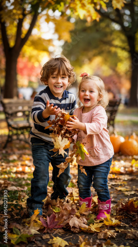 Small children aged two to four laugh and play outside with colorful autumn leaves, bright sun shining through the trees, warm autumn mood