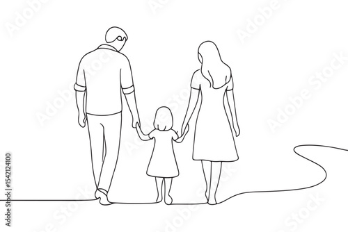 A minimalist family walking together in line art style with hands held, representing love and connection.