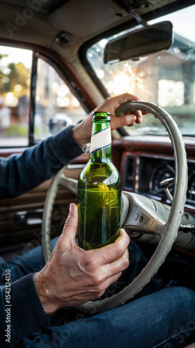 Inside a car, a person is driving with a beer bottle in one hand. Concept of danger and irresponsibility of drinking while driving