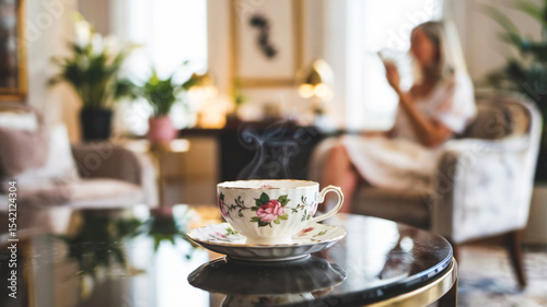 White tea cup with herbal drink on glass table, elegant elderly woman in robe holding a fan in the background. Concept of menopause and calm self-care