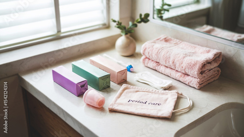 View of neatly arranged period essentials in soft colors. Includes menstrual cup, pads, tampons, pouch, and towel. Concept of femininity, health, organization